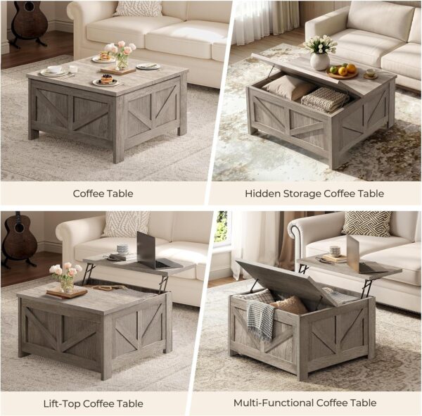 Yaheetech 31.5" Farmhouse Lift Top Coffee Table with Hidden Storage, Gray | Square Wood-Grain Design for Living Rooms, Flip-Top Panel, 2 Spacious Compartments, Smooth Gas Lift, Ideal for Small Spaces 4