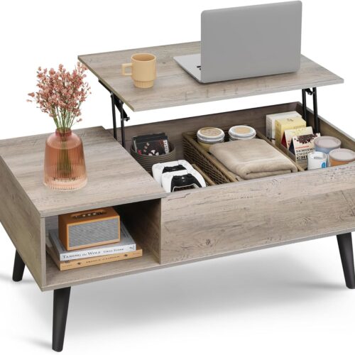 WLIVE Coffee Table, 39" Lift Top Coffee Table with Storage for Living Room, Retro Central Table with Wooden Lift Tabletop Reception Room, Greige