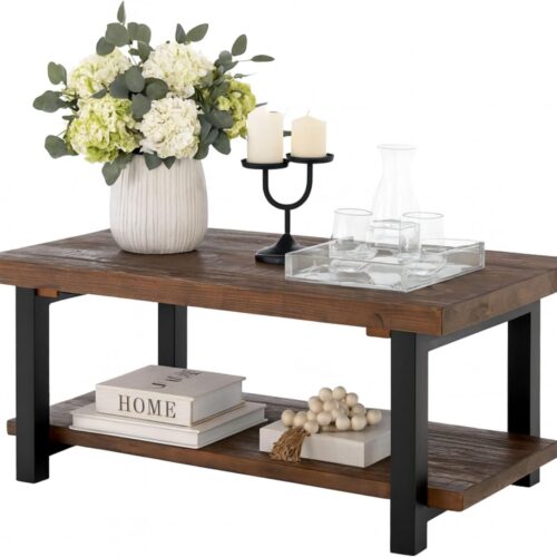 Alaterre Furniture Pomona Rustic Coffee Table with Storage Shelf - 42-Inch Industrial Modern Metal and Solid Wood Living Room Table - Easy Assembly Farmhouse Living Room Furniture (Rustic Natural) | Rectangular Center Table with Storage Shelf and Metal Legs, Rustic Industrial Farmhouse Living Room Furniture