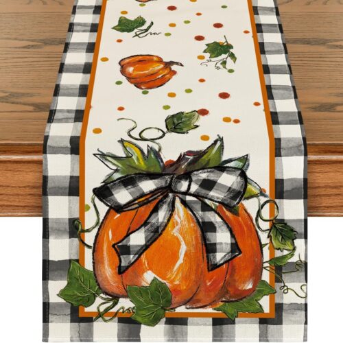 Artoid Mode 210 GSM Fall Table Runner Home Party Decor 13x72 Inch | Pumpkin Bow Buffalo Plaid, Seasonal Kitchen Dining Table Decoration