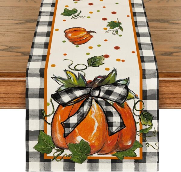 Artoid Mode 210 GSM Fall Table Runner Home Party Decor 13x72 Inch | Pumpkin Bow Buffalo Plaid, Seasonal Kitchen Dining Table Decoration 1