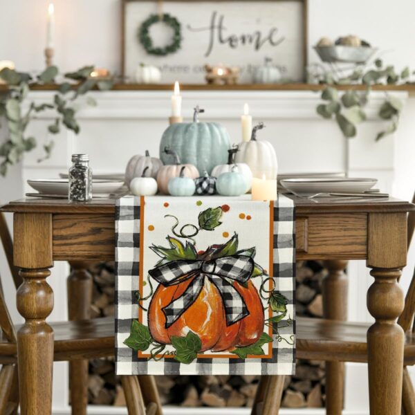 Artoid Mode 210 GSM Fall Table Runner Home Party Decor 13x72 Inch | Pumpkin Bow Buffalo Plaid, Seasonal Kitchen Dining Table Decoration 2