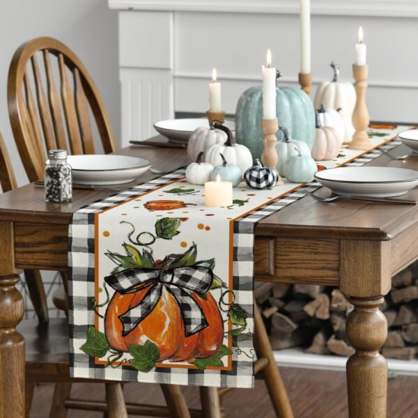 Artoid Mode 210 GSM Fall Table Runner Home Party Decor 13x72 Inch | Pumpkin Bow Buffalo Plaid, Seasonal Kitchen Dining Table Decoration 3