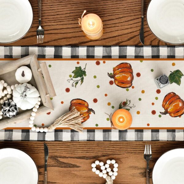 Artoid Mode 210 GSM Fall Table Runner Home Party Decor 13x72 Inch | Pumpkin Bow Buffalo Plaid, Seasonal Kitchen Dining Table Decoration 4