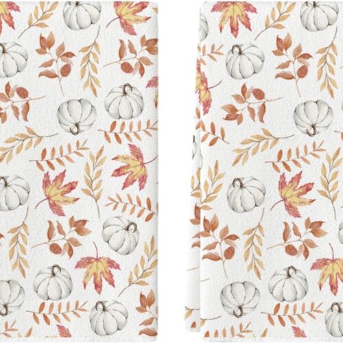 WF7894MAX_1 Artoid Mode Orange Leaves Fall Kitchen Towels Set of 2 18x26 Inch | Thanksgiving Autumn Eucalyptus Pumpkin Hand & Dish Towels,Ultra Absorbent,Seasonal Farmhouse Decoration