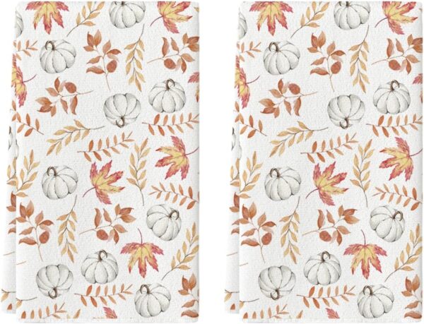 Artoid Mode Orange Leaves Fall Kitchen Towels Set of 2 18x26 Inch | Thanksgiving Autumn Eucalyptus Pumpkin Hand & Dish Towels,Ultra Absorbent,Seasonal Farmhouse Decoration 1