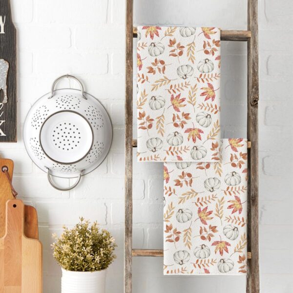 Artoid Mode Orange Leaves Fall Kitchen Towels Set of 2 18x26 Inch | Thanksgiving Autumn Eucalyptus Pumpkin Hand & Dish Towels,Ultra Absorbent,Seasonal Farmhouse Decoration 3