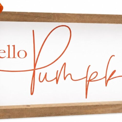 WF7895MAX_1 Hello Pumpkin Sign Fall Wall Decor Autumn Table Shelf Home Decor | 11.8"×6" Wooden Framed Rustic Farmhouse Fall Decorations Indoor for Tabletop Desk Fireplace Mantle Office Bathroom Kitchen