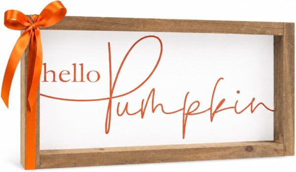Hello Pumpkin Sign Fall Wall Decor Autumn Table Shelf Home Decor | 11.8"×6" Wooden Framed Rustic Farmhouse Fall Decorations Indoor for Tabletop Desk Fireplace Mantle Office Bathroom Kitchen 1