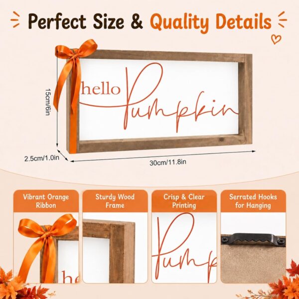 Hello Pumpkin Sign Fall Wall Decor Autumn Table Shelf Home Decor | 11.8"×6" Wooden Framed Rustic Farmhouse Fall Decorations Indoor for Tabletop Desk Fireplace Mantle Office Bathroom Kitchen 3