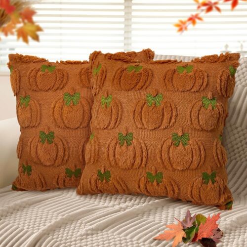 Fall Pumpkin Decorative Throw Pillow Covers 18 x 18 Set of 2, Thanksgiving Day Autumn Harvest Pumpkin Faux Fur Cushion Covers, Soft Embroidered Pillow Cases for Couch Bedroom Holiday Home Decor
