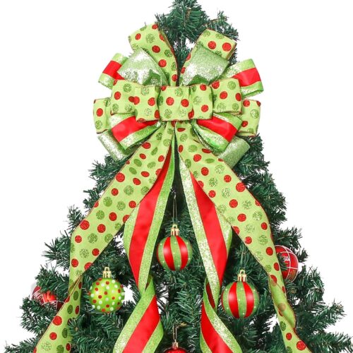 WF8597MAX_1 Christmas Tree Topper Wreath Bow Large Green Christmas Bow Tree Topper with Red Green Dot Patterned Gift Bows for Xmas Holiday Home Wedding Thanksgiving Indoor/Outdoor Decoration 52"x13"
