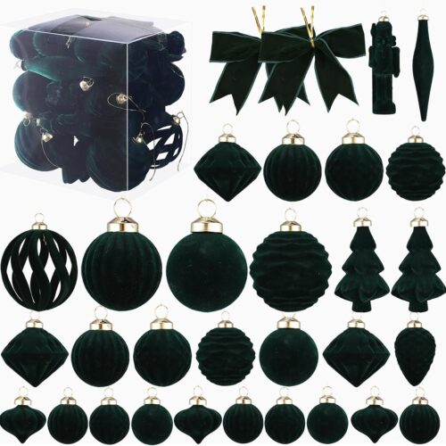Velvet Christmas Ornaments Set 42pcs Vintage Dark Emerald Green Shatterproof PVC Christmas Tree Decorations with Velvet Bows Ornaments Holiday Ornaments for Xmas Tree Festive Party Supplies