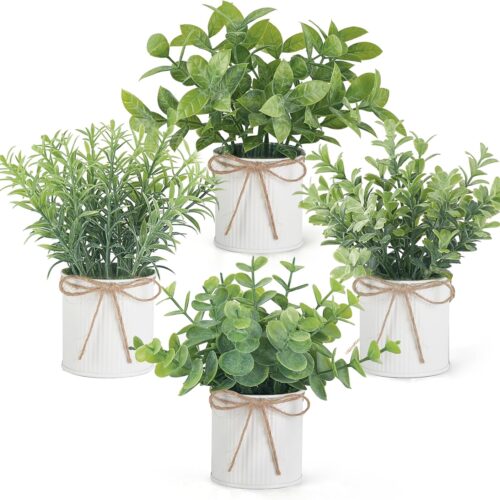 Mkono 4 Packs Small Fake Plants in Galvanized Pots Rustic Farmhouse Decor