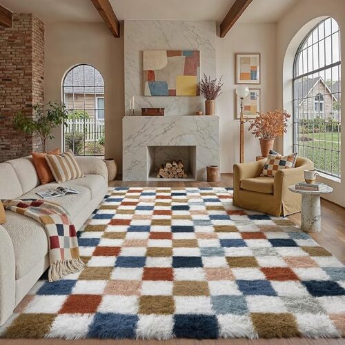 1 Checkered Area Rug 8x10 for Living Room Soft Fluffy Shag Carpet