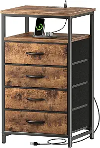Night Stand with Charging Station, 4 Drawer Dresser for Bedroom