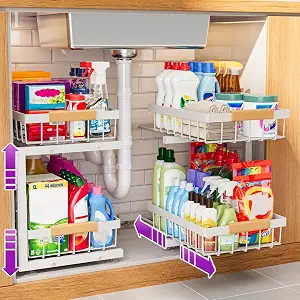 1 Under Sink Organizer 2 Pack, Adjustable Height (11"-15.75") Under Cabinet Storage, 2 Tier Pull Out Sliding Drawers for Kitchen Bathroom, Heavy Duty Metal Shelf, White