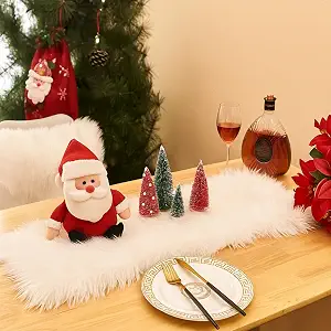 1 Faux Fur Table Runner White ,Furry Runners for Christmas Dining Table Decor
