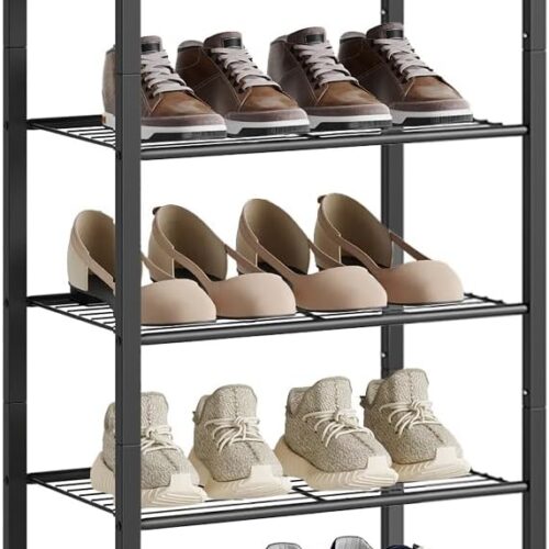 Narrow Shoe Rack, 10-Tier Metal Shoe Organizer,Tall Shoe Shelf with Anti-Tip Strap, Max Holds 22 Pairs,Space Saving for Closet,Entryway,Black