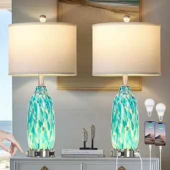 1 26" Peacock Green Glass Table Lamps Set of 2,Coastal Nautical Bedside Lamps with USB Ports & AC Outlet,Lamparas Elegantes para Cuarto with Night Light for Bedroom Living Room Decoration