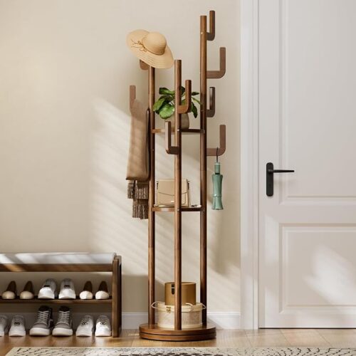 1 Rotary Coat Rack Freestanding - Solid Wood Coat Tree with 9 hooks & 3 Storage Shelves for Purse, Bag, Jacket, Hat, Corner Hanger Stand Racks for Hall, Entryway, Office, Modern Clothes Holder