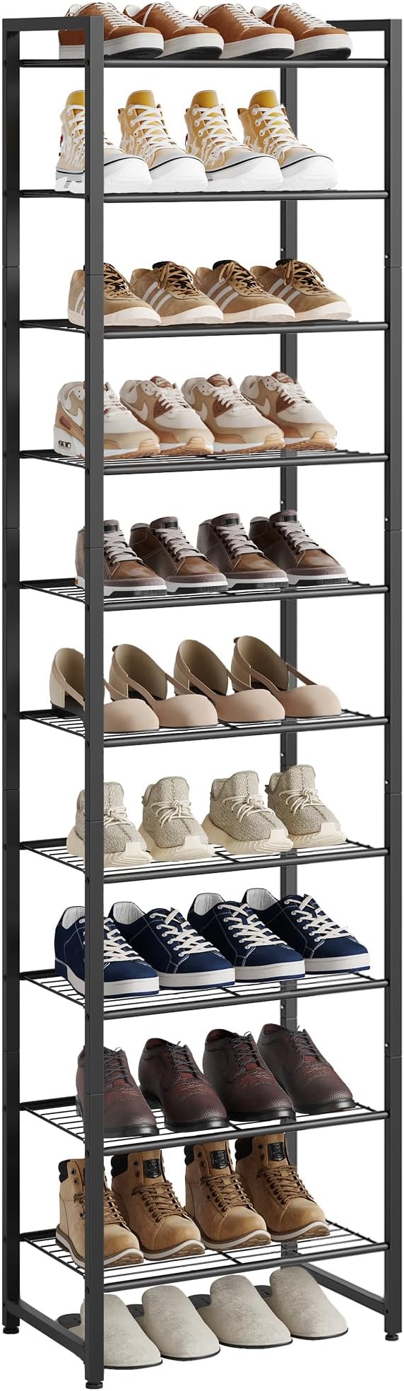 Narrow Shoe Rack, 10-Tier Metal Shoe Organizer,Tall Shoe Shelf with Anti-Tip Strap, Max Holds 22 Pairs,Space Saving for Closet,Entryway,Black 1