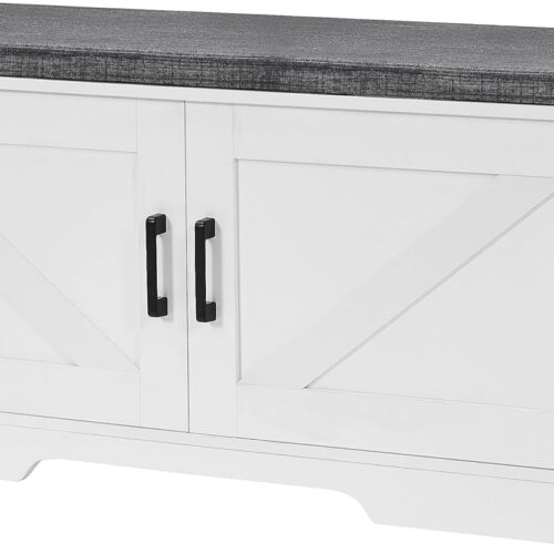 HOMSHO Farmhouse Shoe Storage Bench with 2 Barn Doors & Padded Seat Cushion