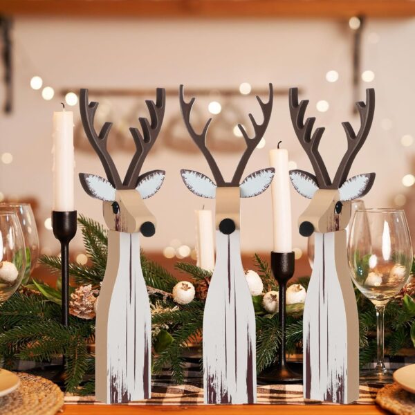 Syhood 3 Pcs Rustic Christmas Table Decorations, Wooden Reindeer Figurines 3