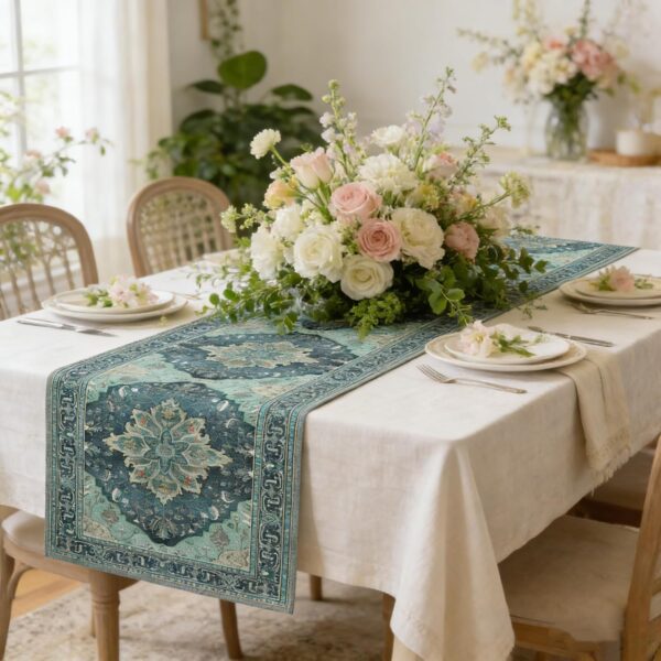 OYIMUA Boho Floral Pattern Summer Table Runner 72 Inches Long Teal and Blue Runners for Tables Rustic Spring Fall Decorations for Home Indoor and Outdoor Party Decor 4