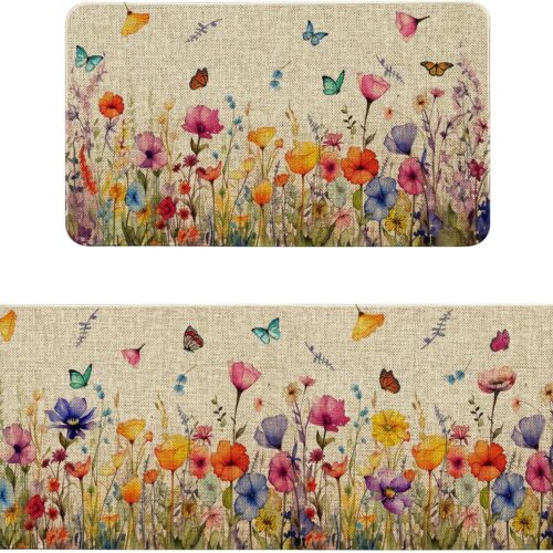 WF11266MAX_1 Spring Floral Kitchen Mats for Floor 2 Piece, Colorful Flower Summer Spring Kitchen Rugs Sets of 2 Indoor Home Decor Door Mat Outdoor