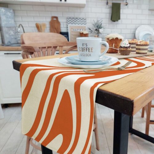 WF11730MAX_1 Sage Orange Table Runner, Retro Boho Aesthetic 70S Abstract Wavy Swirl Decor Holiday Kitchen Dining Table Decoration for Indoor Outdoor Home Party Decor 13 x 72 Inch