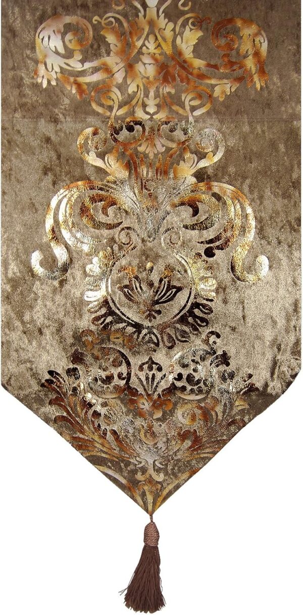 Elegant Luxury Shiny Bronze Velvet Damask Deco Tassels Wedding Party Hotel Restaurant Bed Table Runner Cloth (13inch x 82inch) 1
