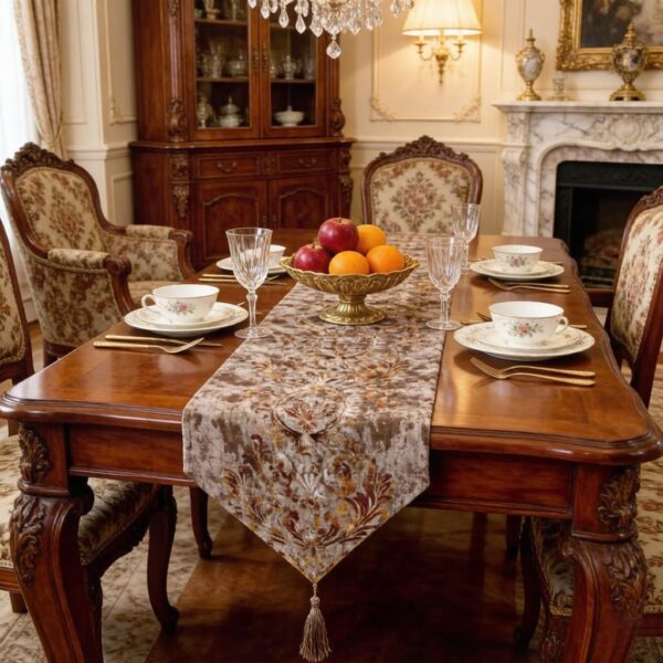 Elegant Luxury Shiny Bronze Velvet Damask Deco Tassels Wedding Party Hotel Restaurant Bed Table Runner Cloth (13inch x 82inch) 2