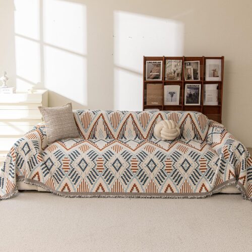 Boho Couch Cover for Loveseats, Chenille Sofa Cover with Tassels