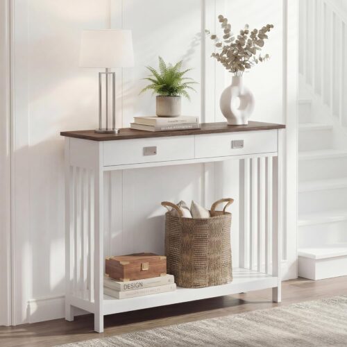 WF1598MAX_1 ChooChoo 39" Farmhouse Entryway Table with Drawer, White and Brown