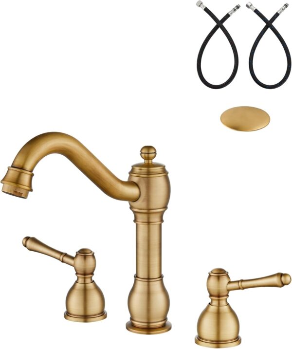 Aolemi Widespread Bathroom Sink Faucet 3 Hole Metal Lever Antique Brass 1