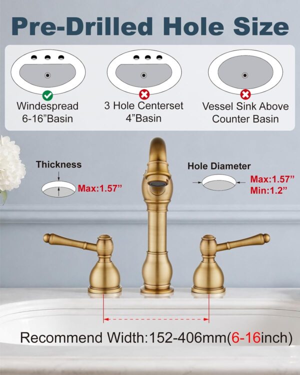 Aolemi Widespread Bathroom Sink Faucet 3 Hole Metal Lever Antique Brass 3