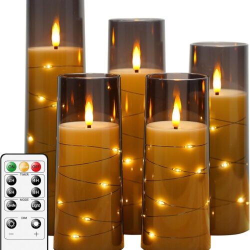 kakoya Flameless LED Candles with Timer 5 Pc Flickering Flameless Candles for Romantic Ambiance and Home Decoration Stable Acrylic Shell,with Embedded Star String，Battery Operated Candles（Grey）