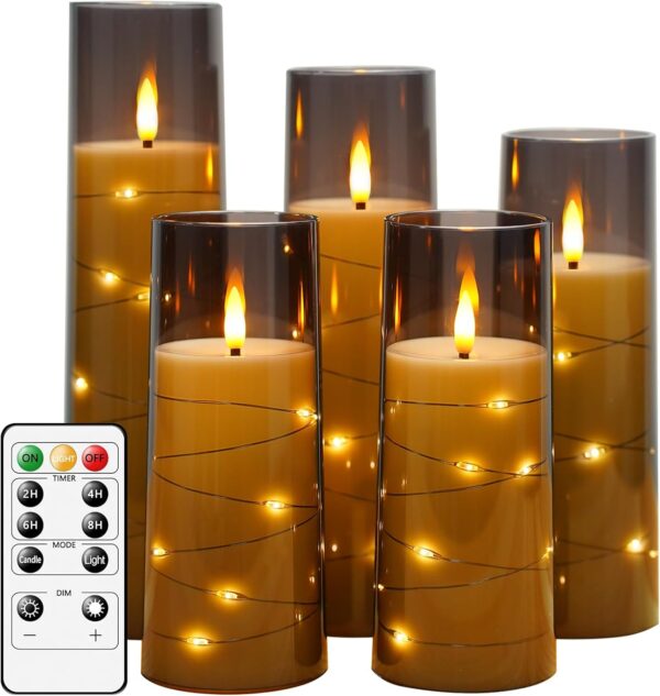 kakoya Flameless LED Candles with Timer 5 Pc Flickering Flameless Candles for Romantic Ambiance and Home Decoration Stable Acrylic Shell,with Embedded Star String,Battery Operated Candles(Grey) 1