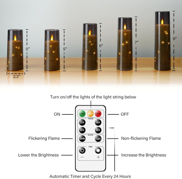 kakoya Flameless LED Candles with Timer 5 Pc Flickering Flameless Candles for Romantic Ambiance and Home Decoration Stable Acrylic Shell,with Embedded Star String,Battery Operated Candles(Grey) 4