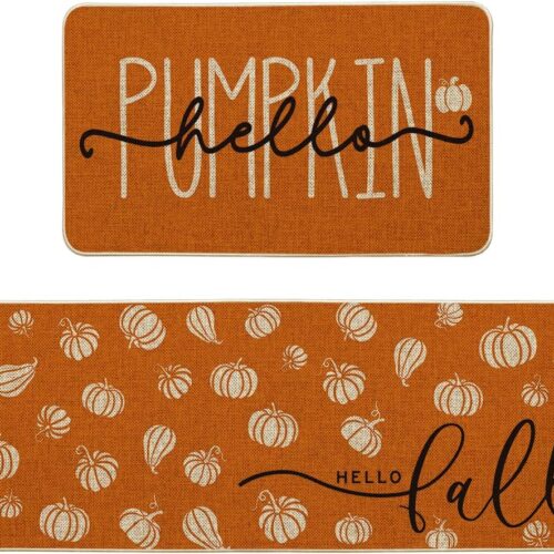 Artoid Mode Orange Hello Pumpkin Fall Kitchen Mats Set of 2 - 17x29+17x47"