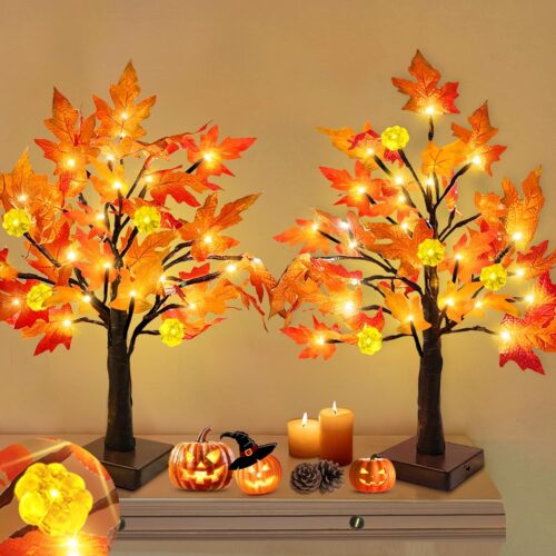 TURNMEON Fall Decor 2 Pack 18 Inch Prelit Fall Maple Tree 48 LEDs Timer