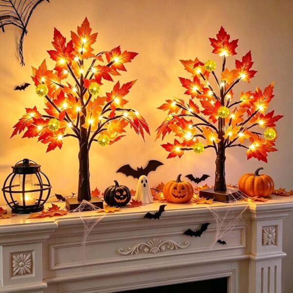 TURNMEON Fall Decor 2 Pack 18 Inch Prelit Fall Maple Tree 48 LEDs Timer 4