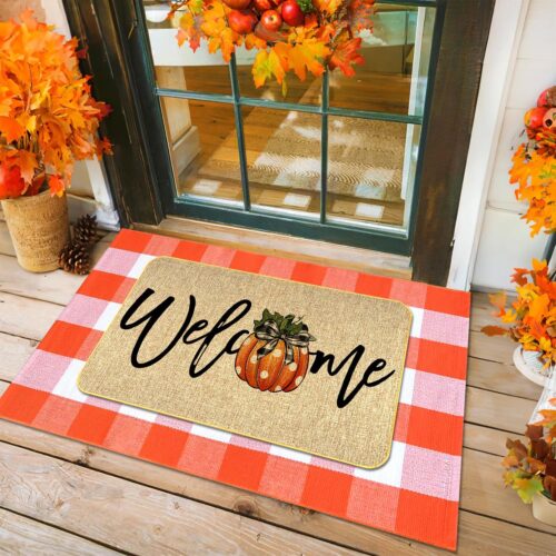 2Pcs Fall Door Mat Combo Set Pumpkin Welcome Doormat + 28" x 43" Orange and White Buffalo Plaid Rug for Autumn Thanksgiving Halloween Porch Entryway Indoor Outdoor Decor
