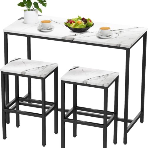 Aklaus Bar Table Set,44" White Faux Marble Top Bar Table and Chairs Set,Counter Height Bartable with 2 Bar Stools,3 Piece Kitchen Breakfast Table for Living Room Dining Room Apartment