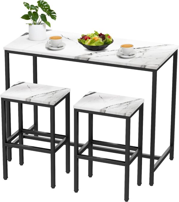Aklaus Bar Table Set,44" White Faux Marble Top Bar Table and Chairs Set,Counter Height Bartable with 2 Bar Stools,3 Piece Kitchen Breakfast Table for Living Room Dining Room Apartment 1