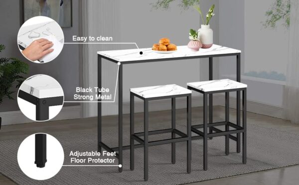 Aklaus Bar Table Set,44" White Faux Marble Top Bar Table and Chairs Set,Counter Height Bartable with 2 Bar Stools,3 Piece Kitchen Breakfast Table for Living Room Dining Room Apartment 4