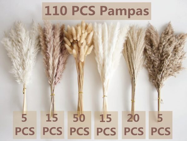 110 PCS Dried Pampas Grass Bouquet, Boho Table Decor, Bunny Tails Dried Flowers, Brown Pompas, White Pampas Grass for Wedding, Home, Rustic Party, Baby Shower Decorations 3