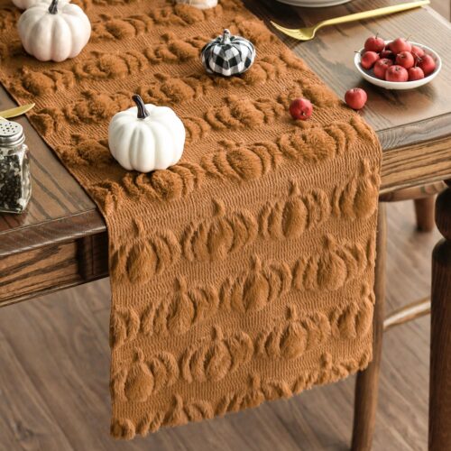 WF7984MAX_1 Artoid Mode Caramel Soft Faux Fur Pumpkins Fall Table Runner 13x72 Inch