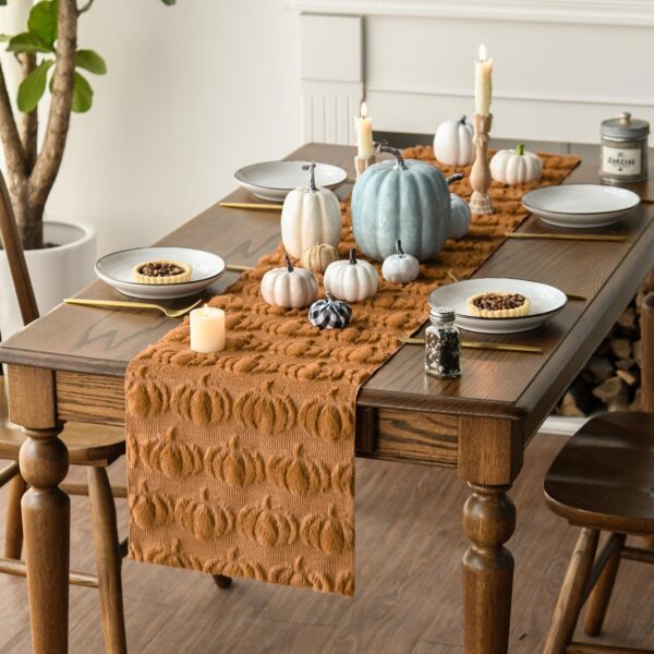 Artoid Mode Caramel Soft Faux Fur Pumpkins Fall Table Runner 13x72 Inch 3